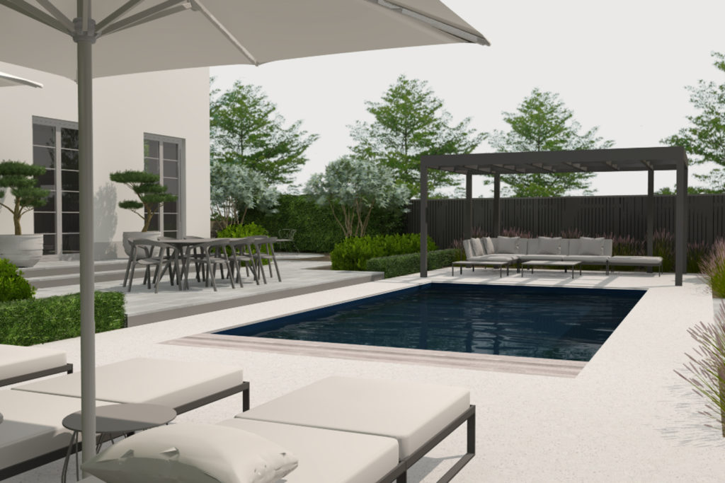 En lyxig stenlagd terrass med pool, pergola och solstolar.