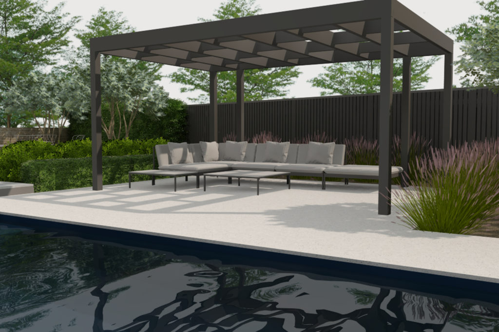 A pergola with modern outdoor furniture in front of a pool.