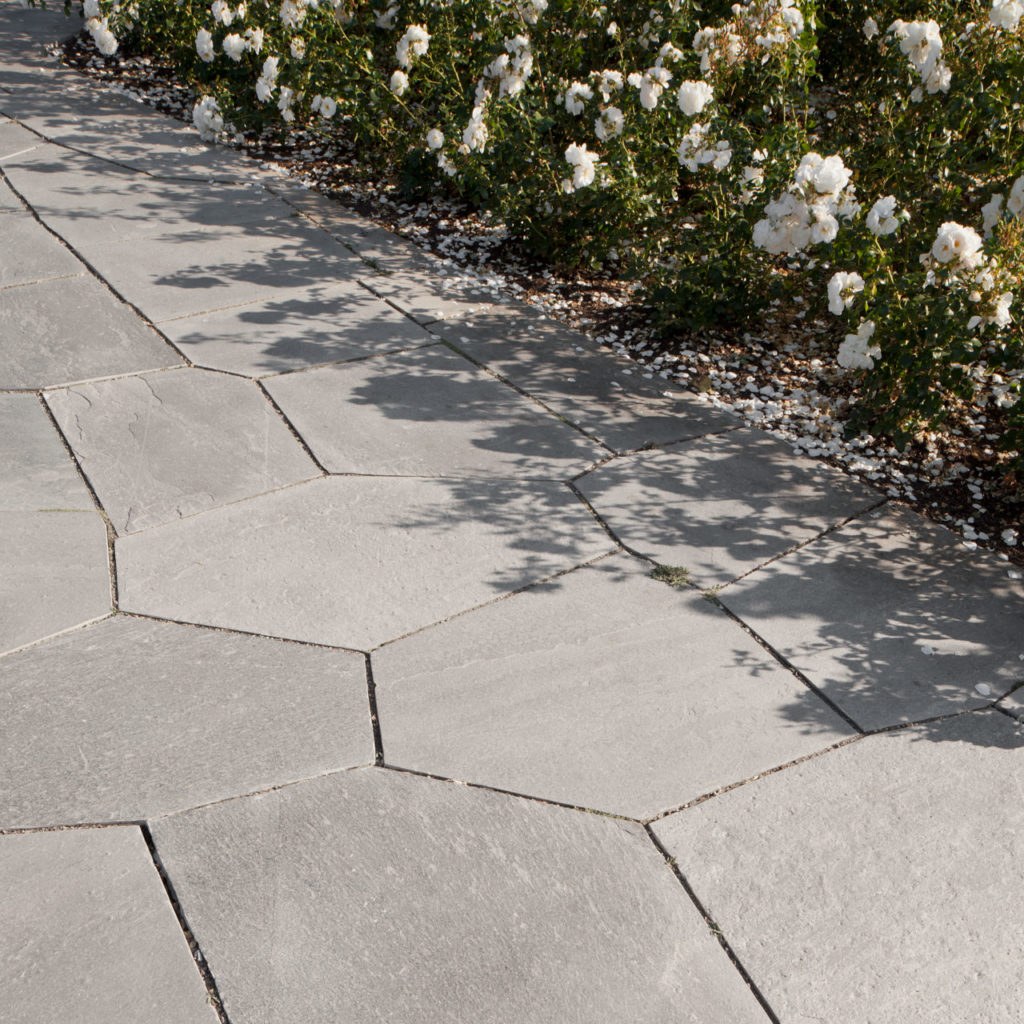 En terrass täckt med Ljus Oppdals oregelbunden skiffer som är formad till en 5-kant med täta, raka kanter. Vita rosenbuskar står längs kanten.
