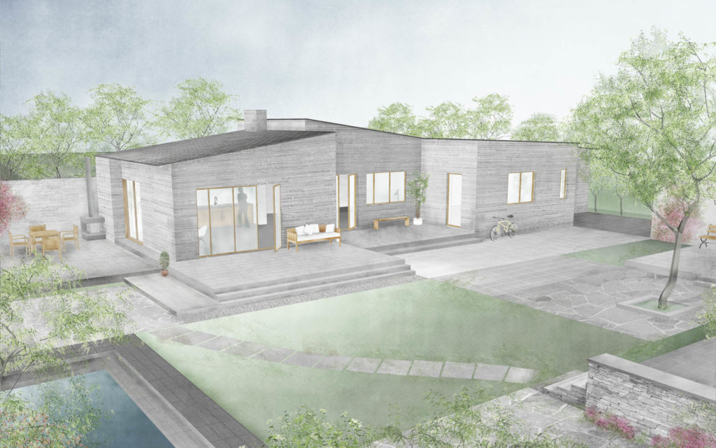An architectural drawing of a modernhouse with a slate facade and slate in the garden as stepping stones, flagstones and drywall.