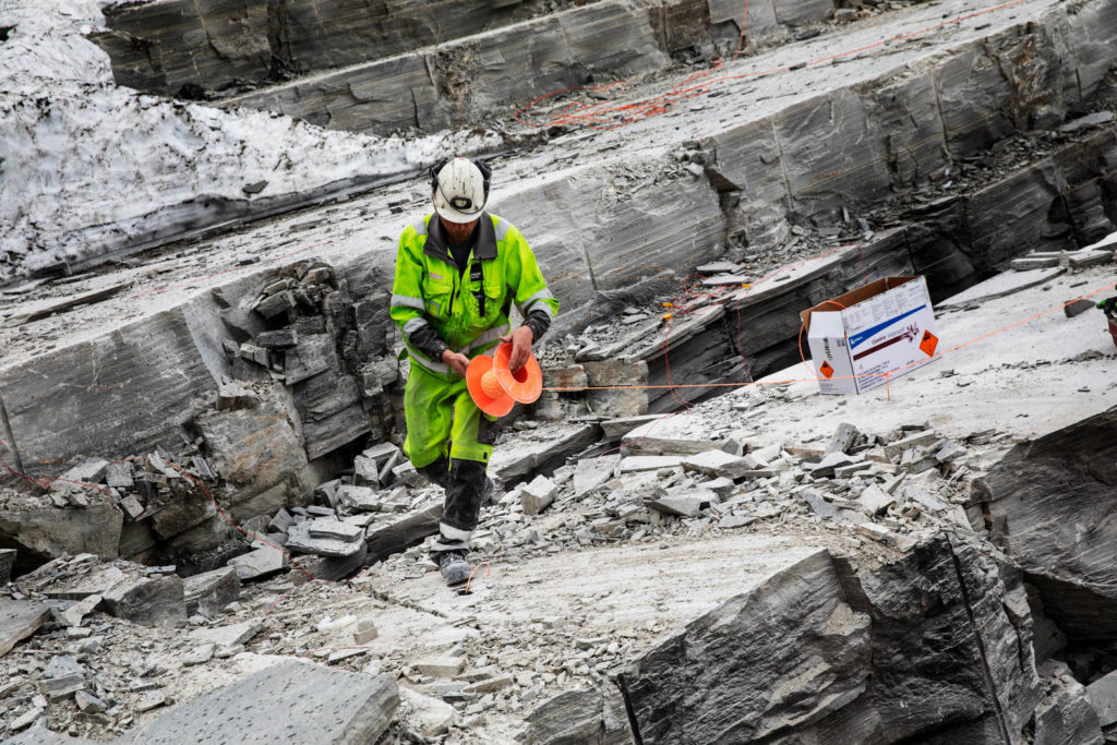 A blaster in working clothes who works in the slate quarry of Minera Skifer in Oppdal, Norway.