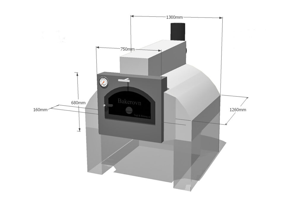 A drawing of a pizza oven with measures.